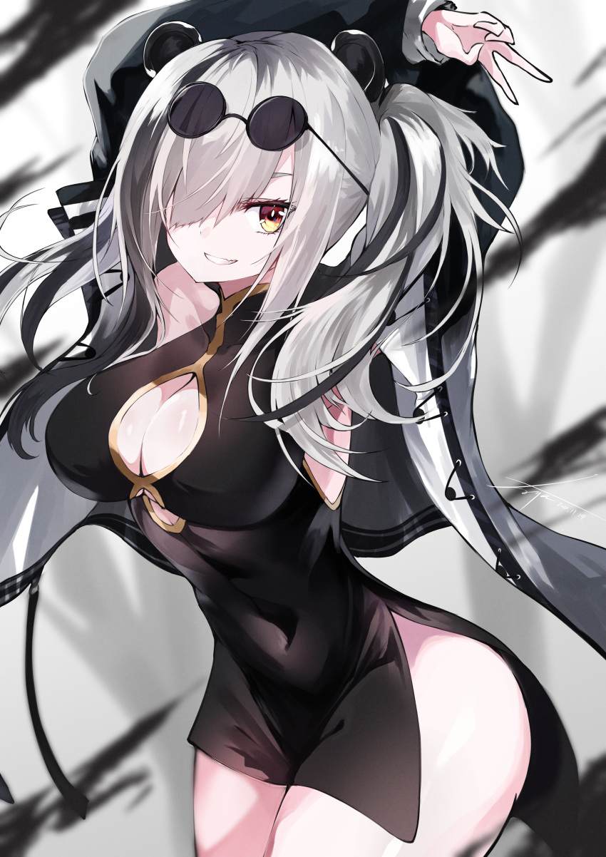 :d absurdres animal_ears arknights bear_ears black_dress black_hair black_jacket breasts china_dress chinese_clothes cleavage cleavage_cutout clothing_cutout covered_navel cowboy_shot dress eyewear_on_head feater_(arknights) female grey_hair grin hair_over_one_eye highres jacket large_breasts long_hair long_sleeves looking_at_viewer multicolored_hair oerba_yun_fang open_clothes open_jacket parted_lips round_eyewear side_slit skin_fang smile solo sunglasses twintails two-tone_hair v yellow_eyes yonagi_white