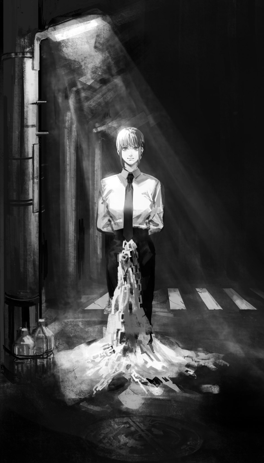 arms_behind_back black_necktie black_pants bottle breasts chains chainsaw_man crosswalk dark female greyscale highres lamppost light looking_at_viewer makima_(chainsaw_man) medium_breasts medium_hair monochrome necktie night pants road seki_(fyfyfy) sidelocks sinister solo standing