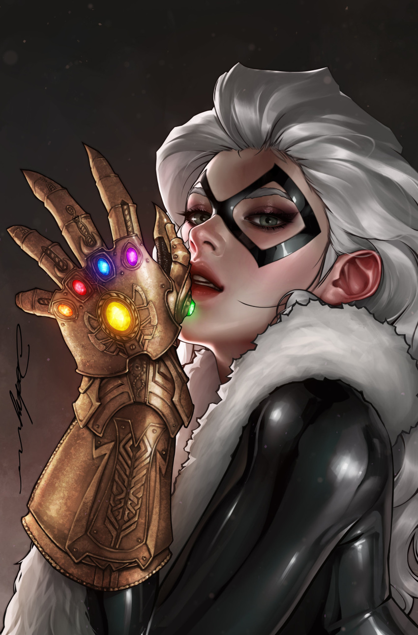 absurdres avengers:_infinity_war avengers_(series) black_bodysuit black_cat_(marvel) bodysuit commentary domino_mask english_commentary felicia_hardy female fur_trim gloves highres infinity_gauntlet infinity_gems jee-hyung_lee long_hair looking_at_viewer marvel marvel_cinematic_universe mask simple_background skin_tight solo spider-man_(series) western_comics_(style)