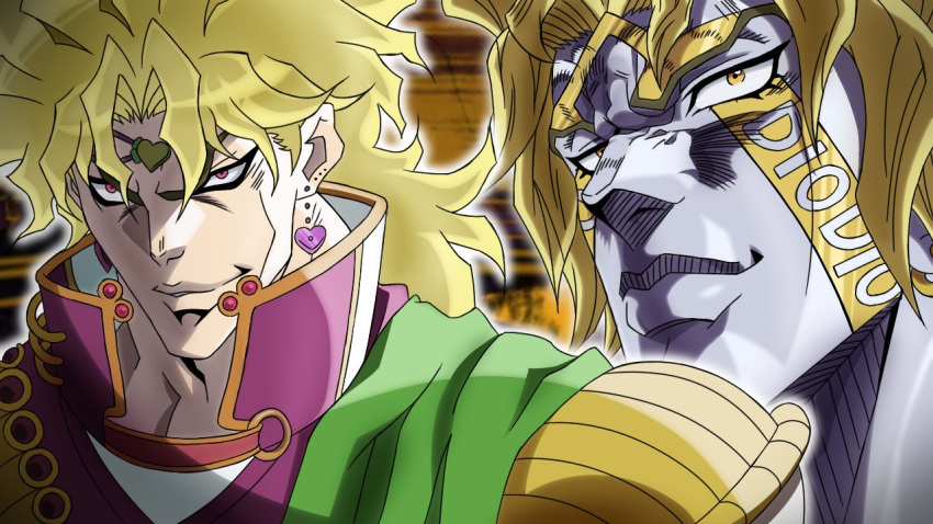 1boy anime_coloring birthmark blonde_hair closed_mouth dio_brando ear_birthmark earrings fake_screenshot grandguerrilla heart heart_earrings heaven_ascended_dio high_collar jewelry jojo_no_kimyou_na_bouken jojo_no_kimyou_na_bouken:_eyes_of_heaven looking_at_viewer male_focus multiple_views official_style parted_lips projected_inset red_eyes sanpaku smile yellow_eyes