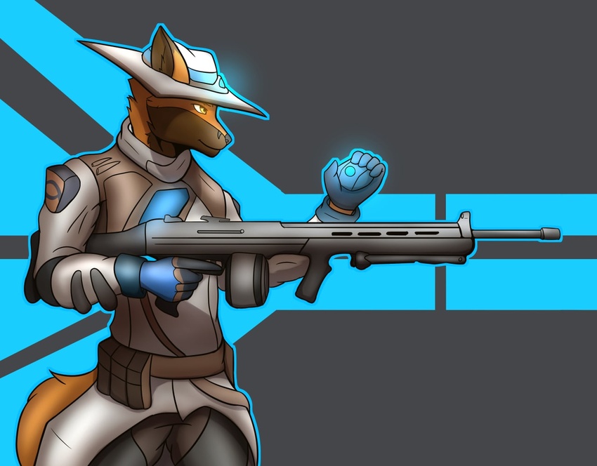 anthro armor canid canine clothed clothing cypher_(valorant) fox fully_clothed gloves green_body gun handwear hat headgear headwear inner_ear_fluff male mammal ranged_weapon riot_games simple_background solo tencent thony_dog tuft valorant weapon yellow_eyes