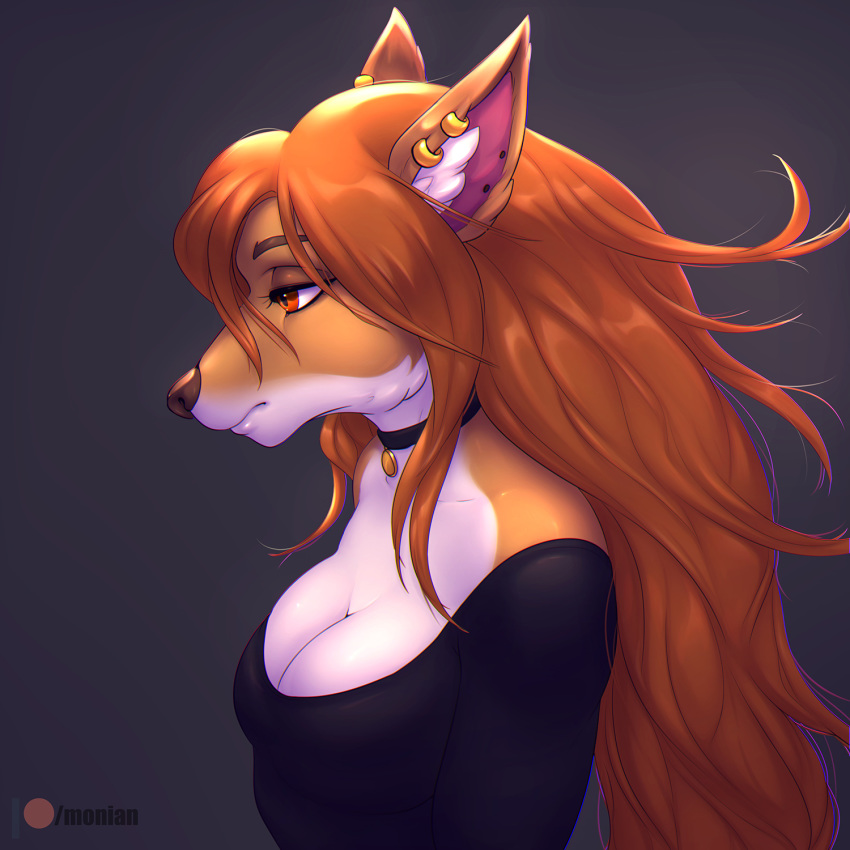 1:1 2020 anthro breasts brown_nose canid canine clothed clothing digital_media_(artwork) ear_piercing eyebrows eyelashes felicity_(monian) female fox hair hi_res mammal monian orange_eyes orange_hair piercing solo