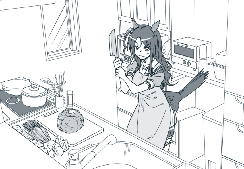 animal_ears apron bow carrot chopsticks cutting_board ear_covers female greyscale holding holding_knife horse_ears horse_girl horse_tail indoors king_halo_(umamusume) kitchen knife lettuce long_hair microwave monochrome one_side_up pot puffy_short_sleeves puffy_sleeves school_uniform short_sleeves sink skirt solo spatula stove sweatdrop taguchi_kenji_(omaep) tail tail_raised tracen_school_uniform umamusume window wok