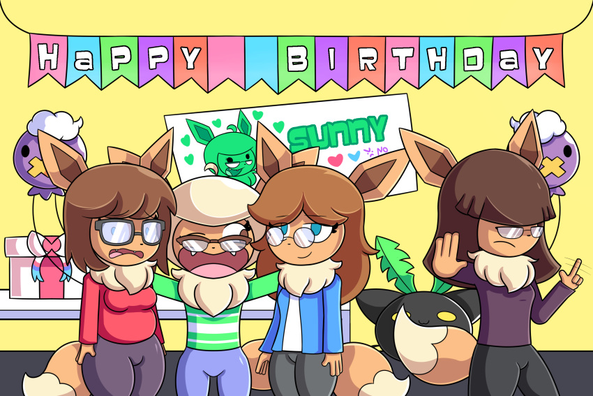 2020 3:2 annyglaceon_(mintyspirit) anthro beta_design beta_hoppip beta_pokemon_(species) beta_pokemon_games birthday birthday_party brown_body brown_fur brown_hair clothed clothing digital_media_(artwork) drifloon eevee eyewear fan_character female fur furniture generation_1_pokemon generation_4_pokemon gift glasses group hair hi_res javisylveon_(mintyspirit) luneiumbreon_(mintyspirit) mintyspirit nintendo plushie pokemon pokemon_(species) pokemon_gold_beta sunnyleafeon_(mintyspirit) table young