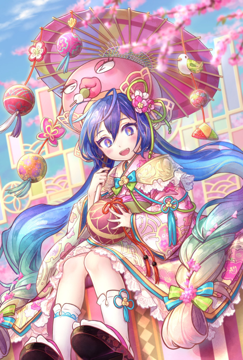 ball bird blue_eyes blue_hair braid bug butterfly cherry_blossoms commentary daisan_oujo dango eating eel_hat female floral_print flower food frilled_kimono frills geta gradient_hair hair_flower hair_ornament highres holding holding_ball japanese_clothes kimono large_hat long_hair multicolored_hair oil-paper_umbrella open_mouth otomachi_una pink_flower pink_headwear sanshoku_dango sitting smile solo temari_ball twin_braids twintails umbrella very_long_hair vocaloid wagashi