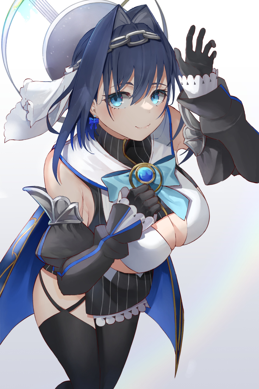 absurdres arm_up blue_cape blue_eyes blue_hair breasts cape chain_headband chains cleavage_cutout clock_hair_ornament closed_mouth clothing_cutout commentary earrings english_commentary female hair_ornament headband highres hololive hololive_english jewelry large_breasts looking_to_the_side looking_up megu_(pixiv9460065) ouro_kronii ouro_kronii_(1st_costume) ribbon_earrings smile turtleneck virtual_youtuber