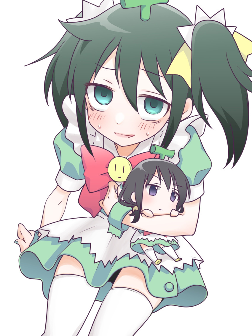 2girls apron blush bow bowtie chibi commentary cosplay dress feet_out_of_frame frilled_apron frills green_dress green_eyes green_nails hair_between_eyes hair_ornament hair_ribbon highres hikaru_(ofuton_at5) kuroki_tomoko looking_at_viewer low_twintails melon-chan melon-chan_(cosplay) melonbooks mini_person minigirl multiple_girls nail_polish nervous_smile official_alternate_costume official_alternate_hairstyle parted_lips puffy_short_sleeves puffy_sleeves purple_eyes red_bow red_bowtie ribbon short_sleeves simple_background sitting smile smiley_face sweat tamura_yuri thighhighs twintails two_side_up watashi_ga_motenai_no_wa_dou_kangaetemo_omaera_ga_warui! white_apron white_background white_thighhighs yellow_ribbon