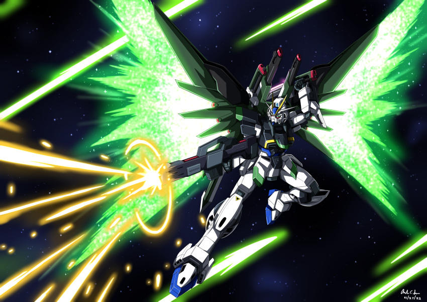 absurdres commission dated destiny_impulse_gundam english_commentary full_body glowing green_eyes gun gundam gundam_msv gundam_seed gundam_seed_destiny highres holding holding_gun holding_weapon innovator123 mecha outdoors robot signature sky space star_(sky) starry_sky weapon wings