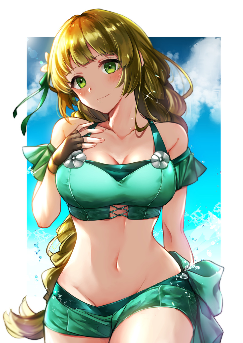 bare_shoulders bikini blonde_hair blunt_bangs blush bow braid breasts brown_gloves cleavage closed_mouth cloud collarbone commentary_request cowboy_shot day female fingerless_gloves fire_emblem fire_emblem:_three_houses fire_emblem_heroes flower gloves green_eyes groin hair_flower hair_ornament highres ingrid_brandl_galatea ingrid_brandl_galatea_(summer) large_breasts long_hair looking_at_viewer midriff navel nekolook off-shoulder_bikini off_shoulder short_sleeves shorts sky smile solo standing stomach swimsuit water