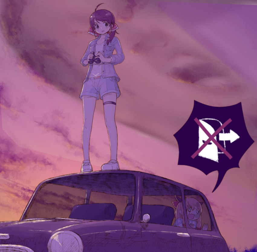 2girls against_glass binoculars blue_shirt blue_shorts bow brown_eyes brown_hair car cloud commentary_request contemporary cookie_(touhou) exit_sign frilled_bow frills full_body hairbow hakurei_reimu holding holding_binoculars horns ibuki_suika kanna_(cookie) long_hair looking_down manatsu_no_yo_no_inmu medium_hair mini_cooper miyako_(naotsugu) motor_vehicle multiple_girls open_mouth orange_hair outdoors red_bow shirt shoes shorts sneakers solid_circle_eyes speech_bubble standing standing_on_vehicle sunset swept_bangs thigh_strap touhou trapped unbuttoned unbuttoned_shirt wavy_mouth white_footwear white_shirt yajuu_senpai yamin_(cookie)