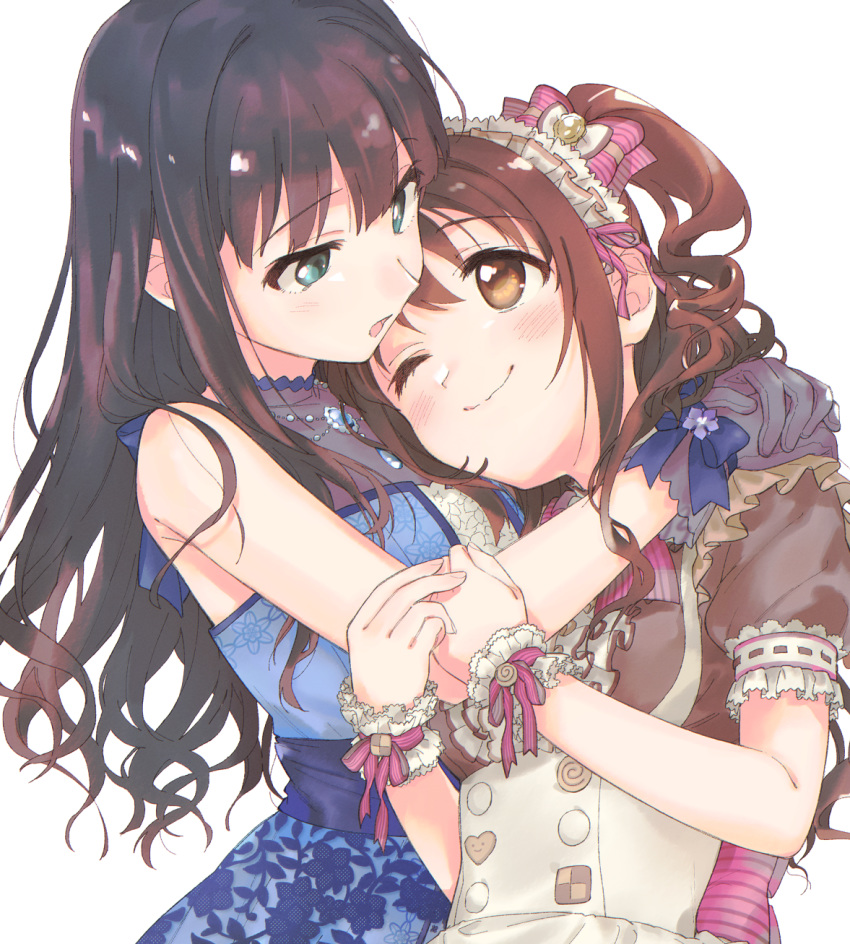 2girls alternate_costume apron aqua_eyes back_bow bare_arms bare_shoulders blue_bow blue_dress blue_gemstone blush bow brown_dress brown_eyes brown_hair buttons closed_mouth commentary dress enmaided eternal_bloom_(idolmaster) eye_contact floral_print frilled_dress frilled_sleeves frills gem glove_bow gloves grey_gloves hairbow hand_on_another's_arm hands_on_another's_shoulder hands_up head_on_chest highres idolmaster idolmaster_cinderella_girls idolmaster_cinderella_girls_starlight_stage jewelry long_hair looking_at_another maid maid_headdress multiple_girls nanonin necklace one_eye_closed one_side_up open_mouth own_hands_together pendant pink_bow pink_ribbon print_dress puffy_short_sleeves puffy_sleeves ribbon shibuya_rin shimamura_uzuki short_sleeves sidelocks simple_background sleeveless sleeveless_dress smile standing striped striped_bow striped_ribbon upper_body wavy_hair white_apron white_background wrist_cuffs yuri