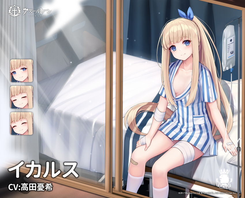 allenes azur_lane blonde_hair blue_bow blue_eyes bow breasts cleavage commentary_request expressions female hair_ornament hairbow icarus_(azur_lane) icarus_(one-week_medical_experience?)_(azur_lane) intravenous_drip long_hair official_alternate_costume official_art royal_navy_emblem_(azur_lane) second-party_source shirt sitting small_breasts socks solo translated very_long_hair white_socks