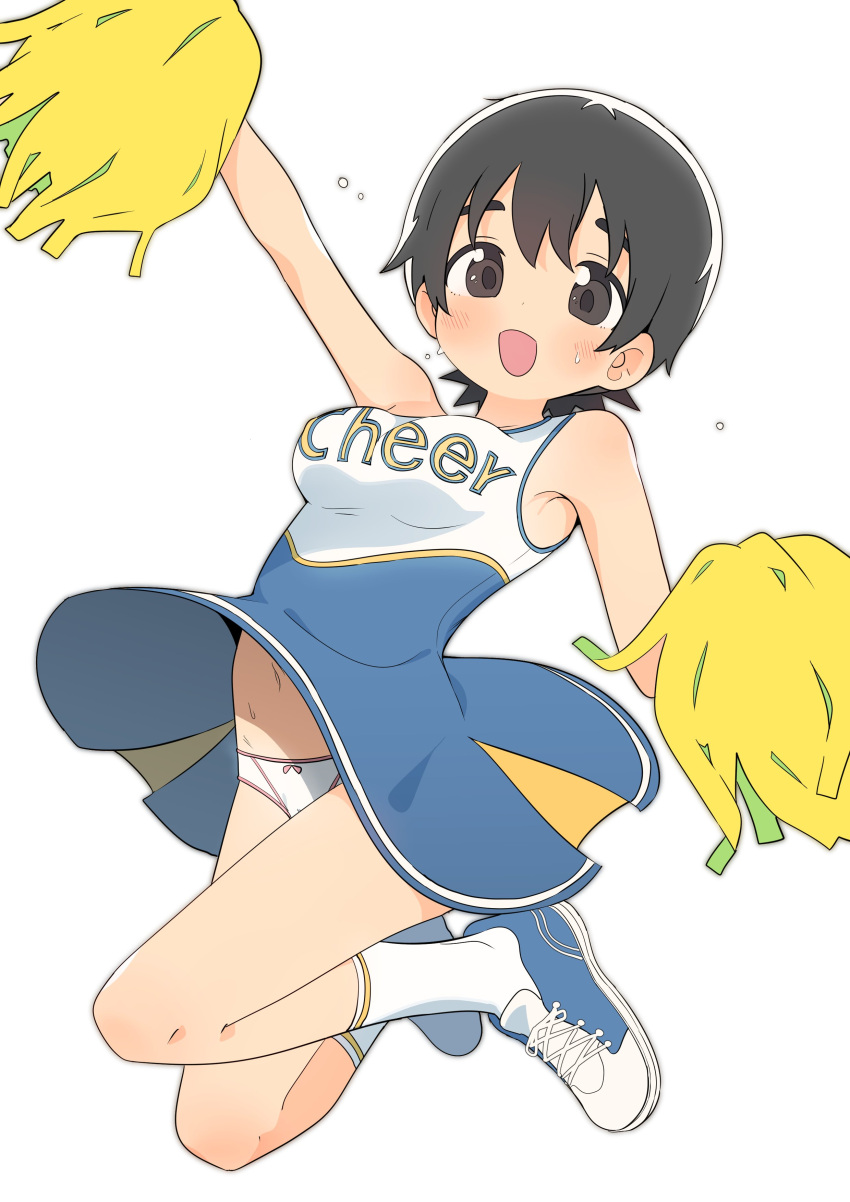 :d absurdres black_eyes black_hair blue_dress blue_footwear bow bow_panties breasts bural_chingu cheerleader dress female full_body highres looking_at_viewer luke_(dydansgur) open_mouth panties pom_pom_(cheerleading) seong_mi-na_(bural_chingu) shoes short_hair simple_background sleeveless sleeveless_dress smile sneakers socks solo sweat underwear white_background white_panties white_socks