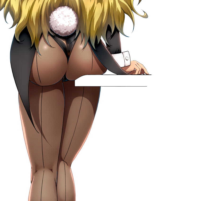 arm_support ass ass_focus bad_id bad_pixiv_id blazer brown_pantyhose fake_tail female from_behind gradient_background highleg highleg_leotard highres hitofudegaki_usagi hoshii_miki idolmaster jacket kneepits leaning_on_table leotard long_hair long_sleeves lower_body pantyhose playboy_bunny rabbit_tail simple_background solo tail white_background wrist_cuffs