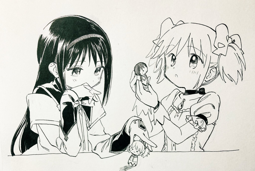 2girls akemi_homura akemi_homura_(magical_girl) black_hair choker collarbone collared_shirt commentary covering_own_mouth dithering doll dress ears_visible_through_hair gloves hair_ornament hair_ribbon hairband hand_over_own_mouth highres kaname_madoka kaname_madoka_(magical_girl) kokeshi line_art long_hair looking_at_object looking_up magical_girl mahou_shoujo_madoka_magica mahou_shoujo_madoka_magica_(anime) monochrome multiple_girls neck_ribbon no+bi= open_mouth photo_(medium) puffy_short_sleeves puffy_sleeves ribbon shirt short_sleeves short_twintails sidelocks simple_background soul_gem tareme traditional_media twintails vest white_background wing_collar