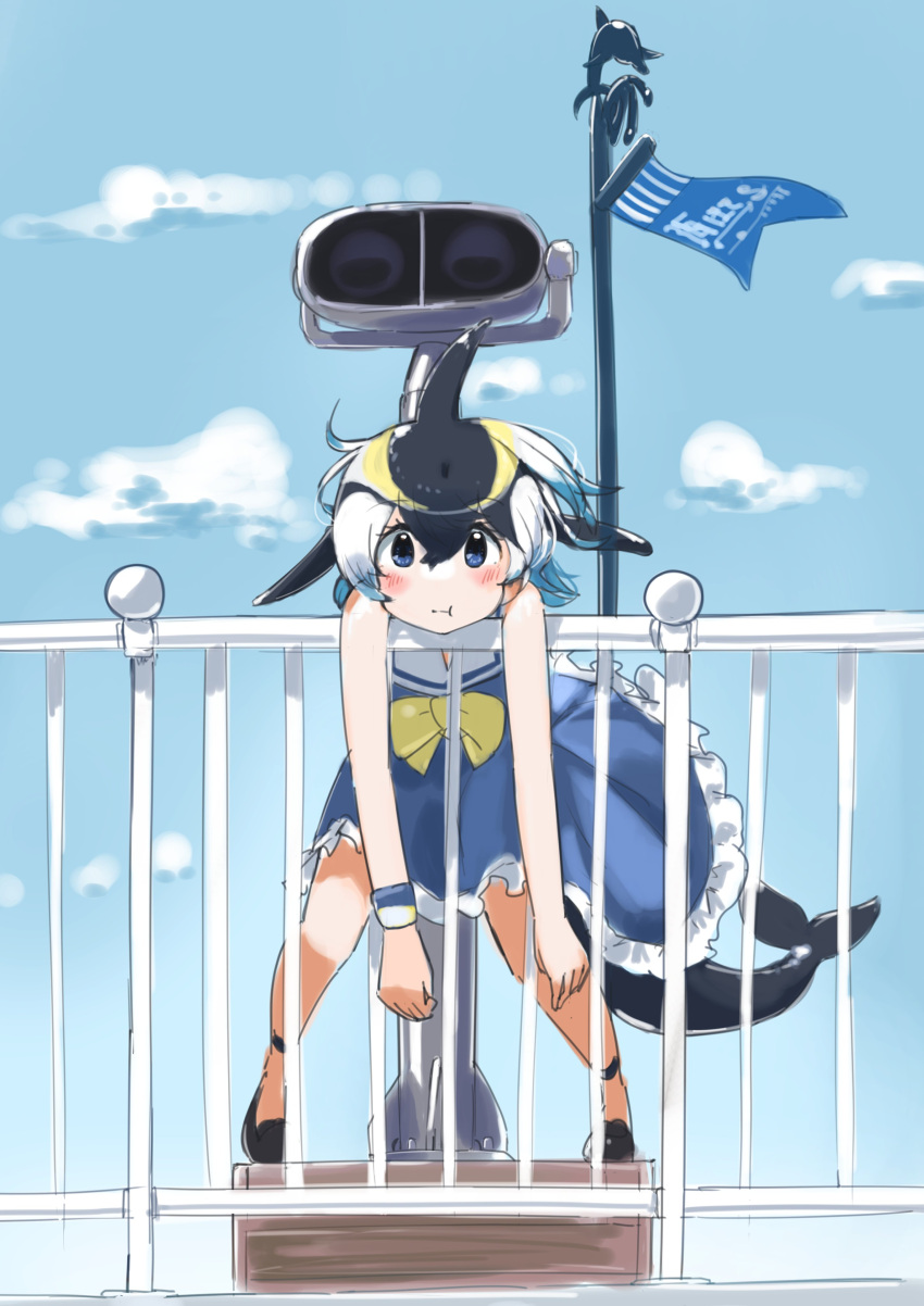 absurdres bare_shoulders black_footwear black_hair blonde_hair blowhole blue_dress blue_eyes blue_hair blush bow bowtie cetacean_tail common_dolphin_(kemono_friends) dolphin_girl dorsal_fin dress female fish_tail flats frilled_dress frills highres iwa_(iwafish) kemono_friends looking_at_viewer multicolored_hair pleated_dress railing sailor_collar sailor_dress short_hair sky sleeveless solo tail tower_viewer translation_request yellow_bow yellow_bowtie