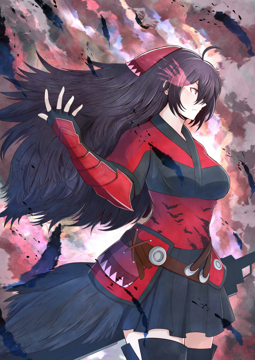 absurdres ahoge arm_guards armor black_hair black_skirt breasts cloud female fingerless_gloves from_side gloves hair_between_eyes highres large_breasts long_hair pleated_skirt raven_branwen red_eyes rwby skirt solo sword thighhighs untold weapon zettai_ryouiki