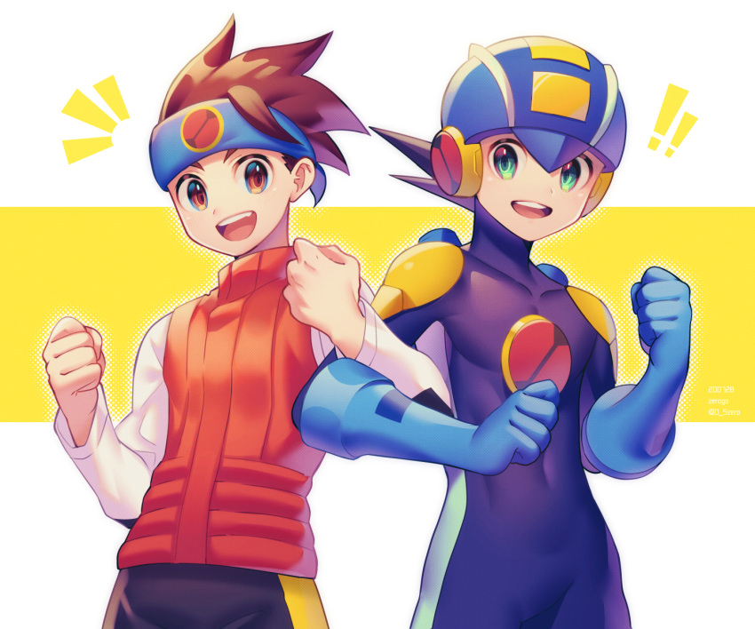 ! !! 2boys :d artist_name black_shorts blue_headband blue_helmet bodysuit brown_eyes brown_hair brown_vest clenched_hands commentary_request covered_collarbone covered_navel cowboy_shot dated green_eyes happy headband helmet highres lan_hikari_(mega_man) locked_arms long_sleeves looking_at_viewer male_focus mega_man_(series) mega_man_battle_network_(series) megaman.exe multiple_boys netnavi notice_lines open_mouth outstretched_hand purple_bodysuit shirt short_hair shorts smile spiked_hair standing teeth turtleneck twitter_username two-tone_background upper_teeth_only vest white_background white_shirt yellow_background zero-go