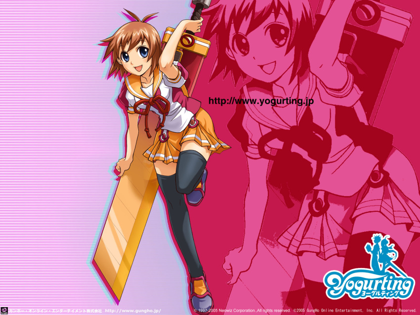 :d anna_(yogurting) antenna_hair artist_request black_thighhighs blue_eyes breasts brown_hair cape company_name copyright_name copyright_notice female highres holding holding_sword holding_weapon logo looking_at_viewer neck_ribbon open_mouth orange_cape orange_skirt pink_background pleated_skirt puffy_short_sleeves puffy_sleeves purple_background purple_shirt red_ribbon ribbon shirt shoes short_hair short_sleeves skirt small_breasts smile solo sword sword_on_back thighhighs two-tone_background two-tone_shirt weapon weapon_on_back white_shirt yogurting zoom_layer