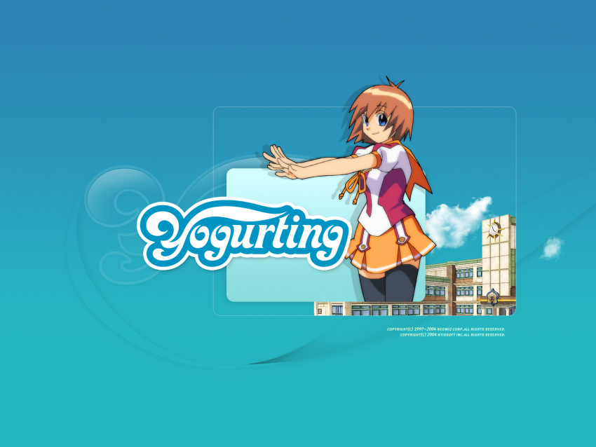 anna_(yogurting) artist_request black_thighhighs blue_eyes blurry blurry_background brown_hair building closed_mouth cloud copyright_name cowboy_shot female highres official_art official_wallpaper orange_skirt school short_hair skirt solo thighhighs yogurting zettai_ryouiki