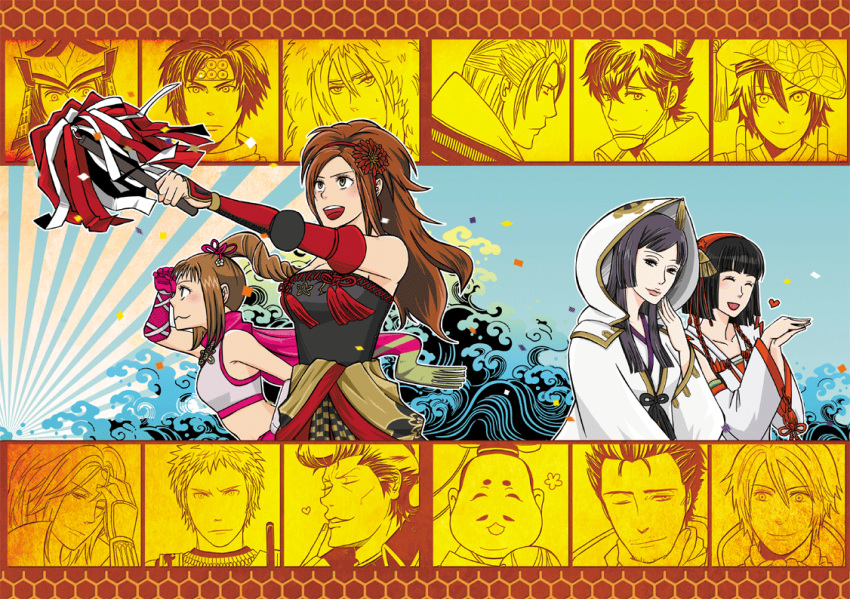 4girls aya_gozen azai_nagamasa bare_shoulders black_eyes black_hair brown_eyes brown_hair closed_eyes detached_sleeves female fukushima_masanori hairband hood imagawa_yoshimoto ishida_mitsunari kaihime katou_kiyomasa kunoichi_(sengoku_musou) kuroda_kanbei long_hair male mouri_motonari multiple_girls naoe_kanetsugu nsg okuni ponytail robe saika_magoichi sanada_yukimura sanada_yukimura_(sengoku_musou) scarf sengoku_musou sengoku_musou_3 short_hair tachibana_muneshige takenaka_hanbei