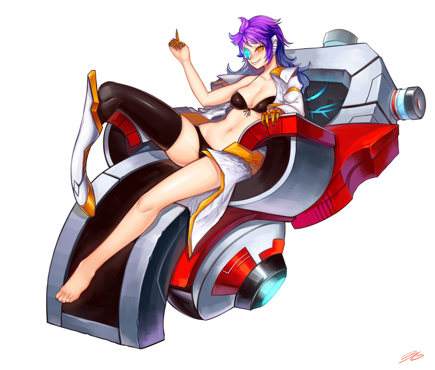 3gs breasts commentary_request dekal_(elsword) elsword female highres large_breasts navel purple_hair sharp_teeth solo teeth yellow_eyes