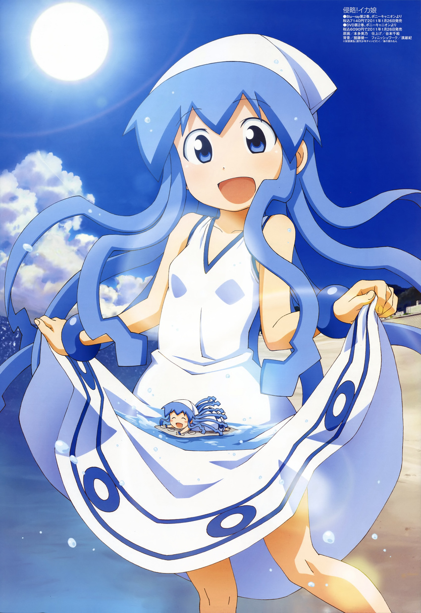 2girls :d absurdres beach blue_eyes blue_hair chibi cloud day dual_persona hat highres honda_yoshino ikamusume imageboard_desourced lying megami_magazine mini-ikamusume mini_person minigirl multiple_girls non-web_source ocean official_art on_stomach open_mouth outdoors shinryaku!_ikamusume sky smile sun tentacle water wet