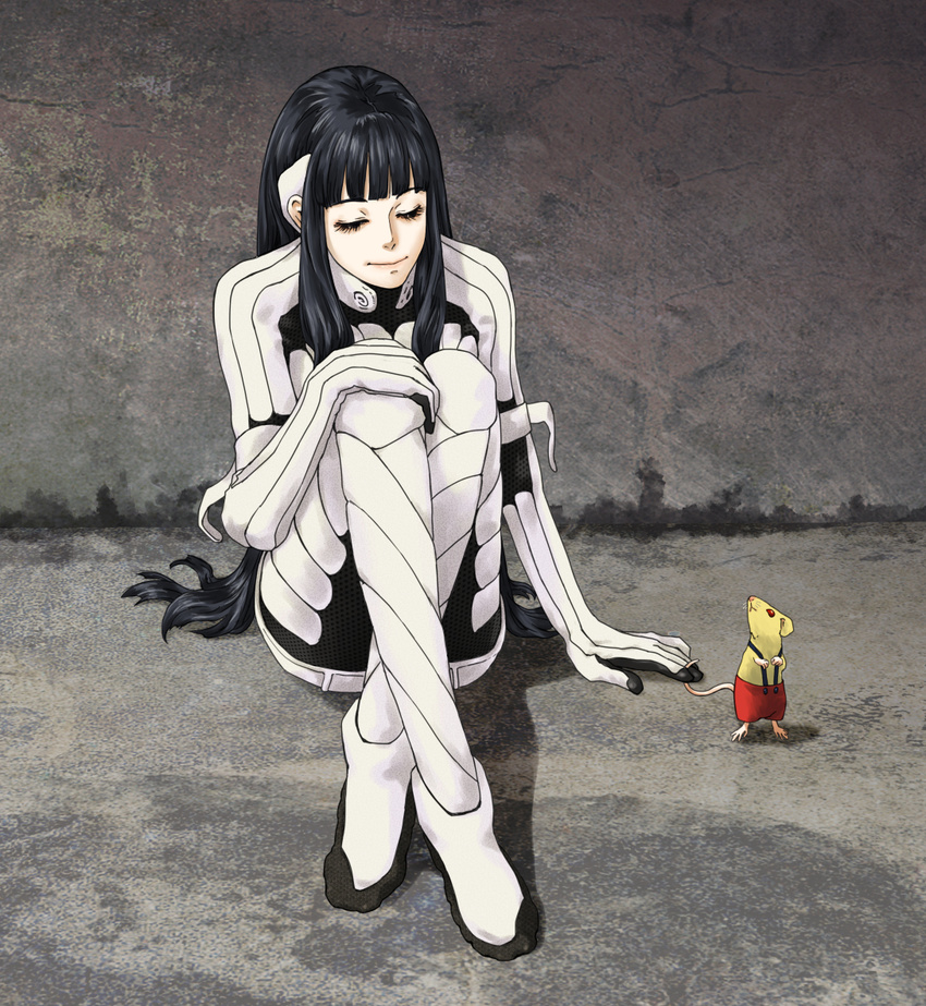 animal bad_id bad_pixiv_id black_hair bodysuit closed_eyes clothed_animal crossed_legs female hime_cut kaburagi_yuki lips long_hair mardock_scramble mouse_(animal) oeufcoque rune_balot shorts sitting suspenders