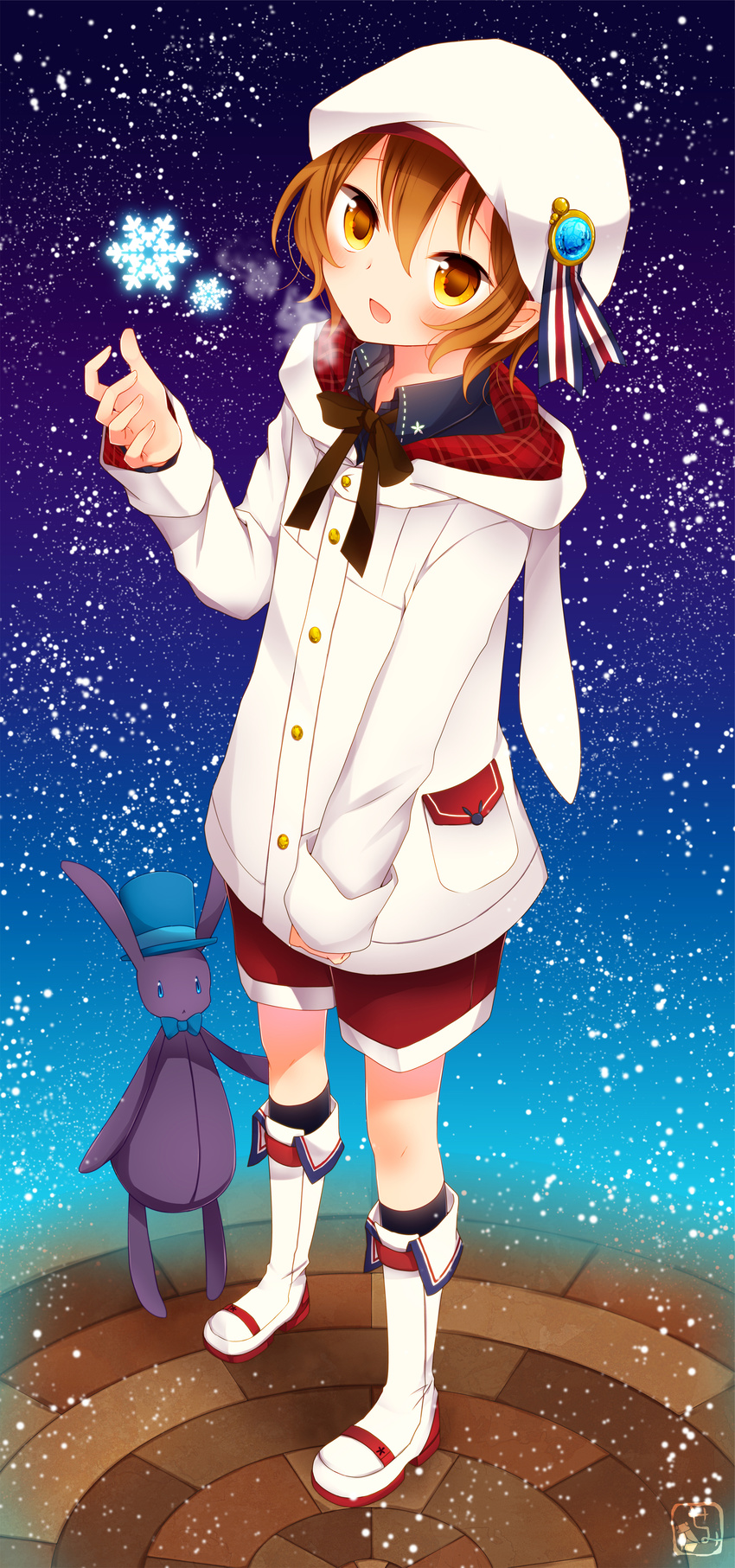 1boy absurdres akane_(goma) animal_ears bad_id bad_pixiv_id boots brown_hair doll fake_animal_ears full_body goma_(11zihisin) heart highres hood hoodie male_focus open_mouth original otoko_no_ko photoshop_(medium) rabbit_ears red_shorts ribbon shorts sky smile snowflakes solo souta_(goma) star_(sky) starry_sky stuffed_animal stuffed_rabbit stuffed_toy yellow_eyes