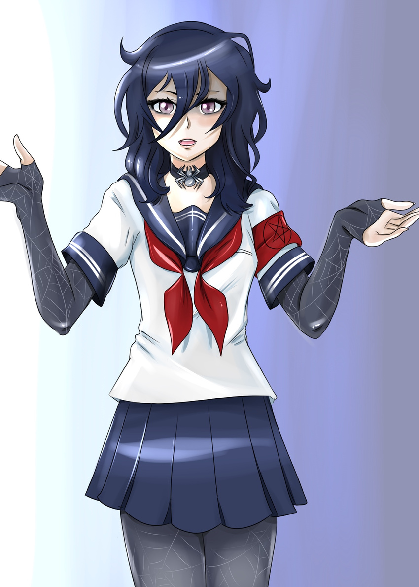 black_footwear black_hair blue_skirt choker collar female goth gothic legs messy_hair oka_ruto oka_ruto_(yandere_simulator) purple_eyes school_uniform skirt solo spider_web spider_web_print yandere_simulator