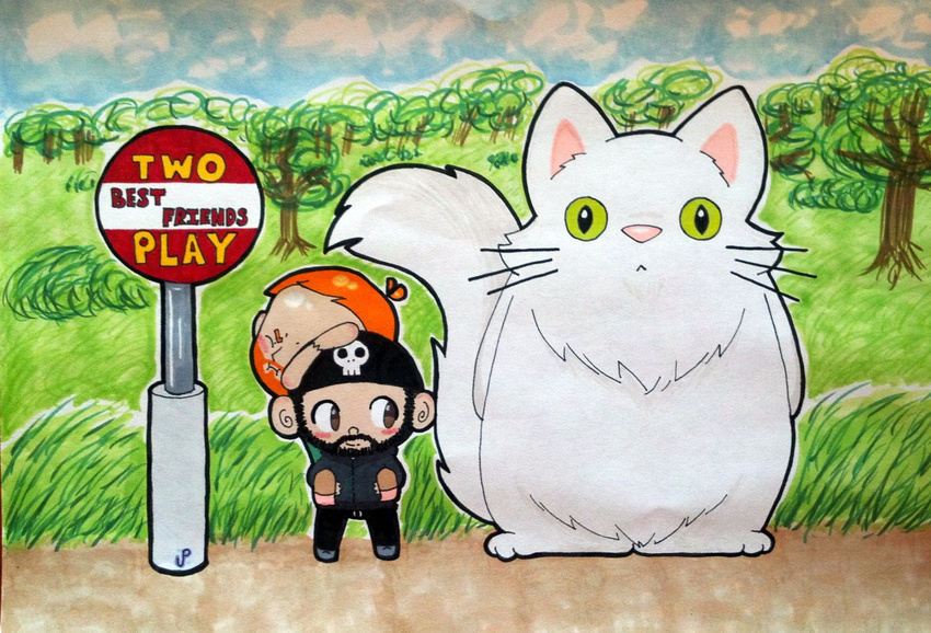 blue_sky bus_stop cloud domestic_cat duo felid feline felis ghibli group human male mammal matt_(two_best_friends_play) my_neighbor_totoro not_furry pat_(two_best_friends_play) plant sky totoro_bus_stop tree turkish_angora two_best_friends_play ultrapancake zach_the_cat_(two_best_friends_play)