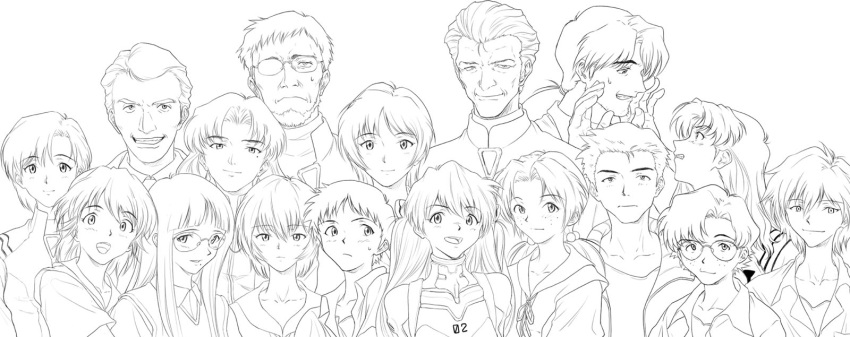 age_difference aida_kensuke akagi_ritsuko ayanami_rei everyone father_and_son fuyutsuki_kouzou glasses highres horaki_hikari ibuki_maya ikari_gendou ikari_shinji kaji_ryouji katsuragi_misato meguro_fukuzou monochrome nagisa_kaworu neon_genesis_evangelion ryoji_kaji soryu_asuka_langley souryuu_asuka_langley suzuhara_touji sweat