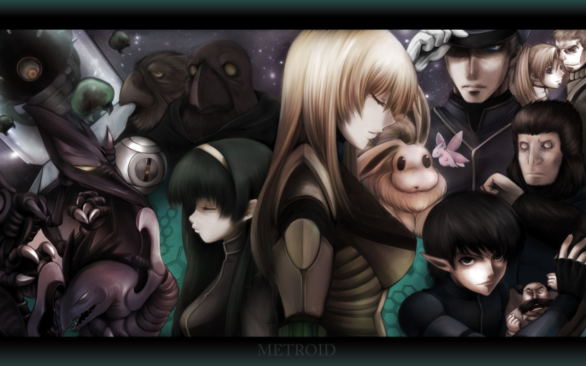 5boys adam_malkovich alien annotated armor back-to-back bad_id bad_pixiv_id beak black_hair blonde_hair brain chief_hardy chozo claws commander_mauk damara_(metroid) everyone facial_hair hairband hat highres kreatz long_hair mecha metroid metroid_(creature) monster mother_brain moustache multiple_boys multiple_girls pointy_ears power_suit ran_komomo ridley rod_aran samus_aran smile space_pirate uniform virginia_aran wallpaper wings