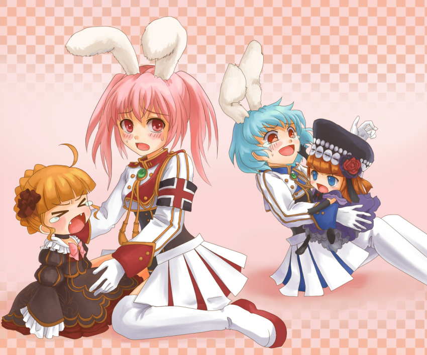 >< >_< animal_ears beatrice blonde_hair blue_eyes blue_hair blush bunny_ears chibi chiester410 chiester45 chiester_sisters closed_eyes crying eva_beatrice pink_hair rabbit_ears red_eyes siesta410 siesta45 siesta_sisters tears umineko_no_naku_koro_ni uniform