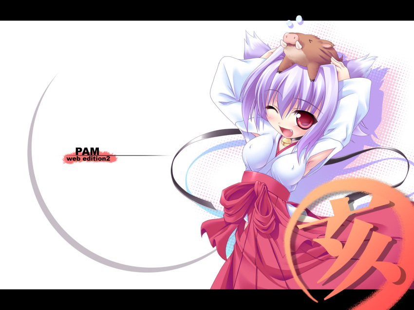 animal_ears breasts cat_ears covered_nipples female hakama hakama_skirt happy highres japanese_clothes letterboxed medium_breasts miko one_eye_closed original red_hakama skirt smile solo tachibana_surimu