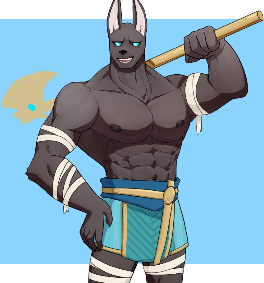 abs anthro anubian_jackal axe bandage biceps black_body blue_eyes canid canine canis clothed clothing digital_media_(artwork) hi_res jackal league_of_legends looking_at_viewer male mammal muscular muscular_anthro muscular_male nasus_(lol) nipples open_mouth pecs riot_games simple_background smile solo tencent warwickislovely