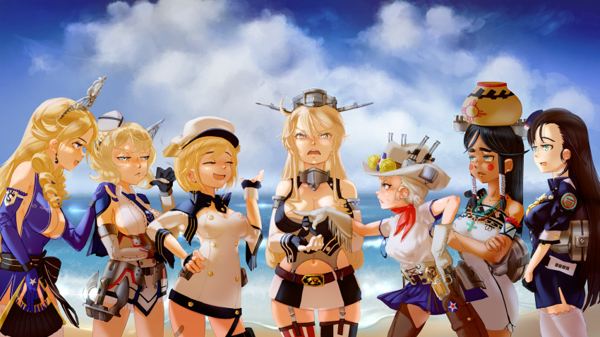 6+girls arizona_(azur_lane) azur_lane beach blonde_hair breasts california_(azur_lane) closed_eyes colorado_(kancolle) contrapposto country_connection crossover detached_sleeves earrings garter_straps hair_between_eyes hat highres iowa_(kancolle) jewelry kantai_collection large_breasts long_hair md5_mismatch medium_breasts multiple_girls navel new_jersey_(pacific) no_legwear original pacific_(kancolle) personification revision rigging short_hair smile thighhighs thighs toorops trogdor_the_burninator uss_new_mexico_(bb-40) uss_texas_(bb-35)