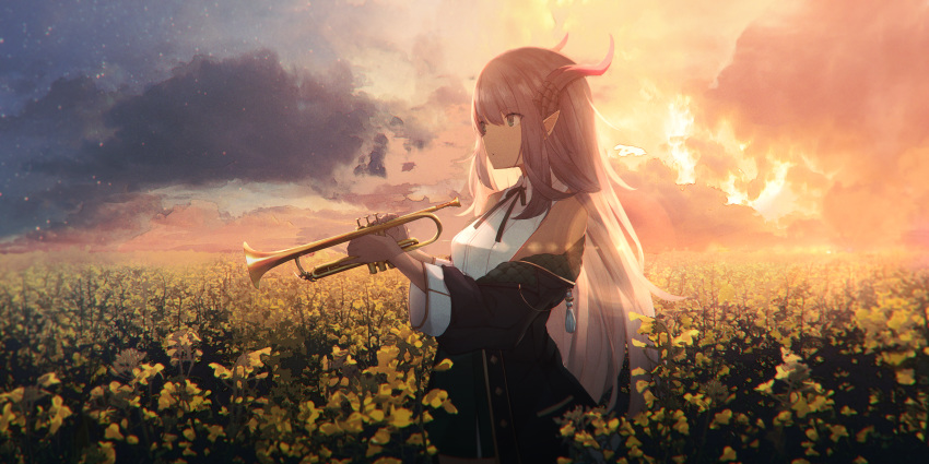 absurdres backlighting bare_shoulders black_jacket brown_hair cloud cloudy_sky collared_shirt day expressionless fantasy female field flower flower_field from_side highres holding holding_instrument horns instrument jacket long_hair long_sleeves looking_away meadow neck_ribbon off_shoulder original outdoors photoshop_(medium) pointy_ears rapeseed_blossoms ribbon sagiri_(ulpha220) scenery shirt sidelocks sky sleeveless sleeveless_shirt solo sunlight sunset trumpet white_shirt yellow_flower