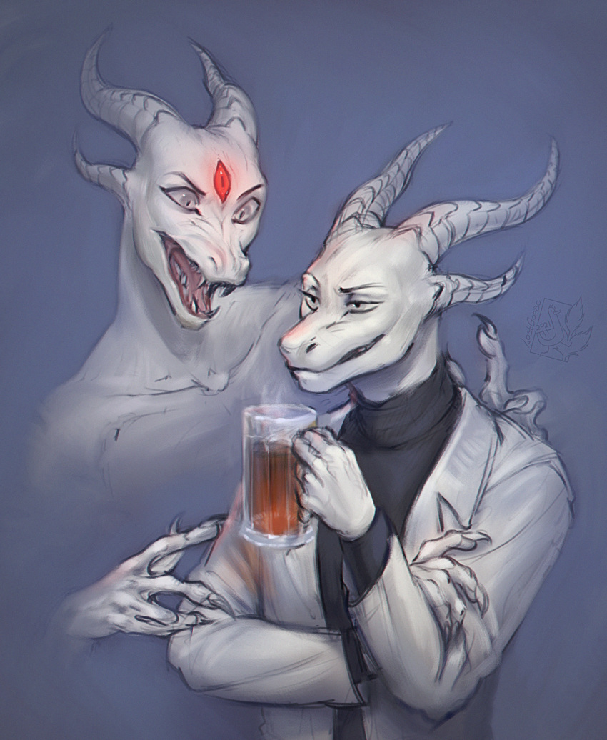 2021 3_eyes anthro beverage claws clothed clothing coat container crossed_arms cup dragon duo fully_clothed glass glowing glowing_eyes grey_eyes grin hi_res holding_object horn lab_coat lostgoose male mug multi_eye mythological_creature mythological_scalie mythology open_mouth red_eyes red_glow saren_(saren662) scalie simple_background smile steam tea topwear white_body