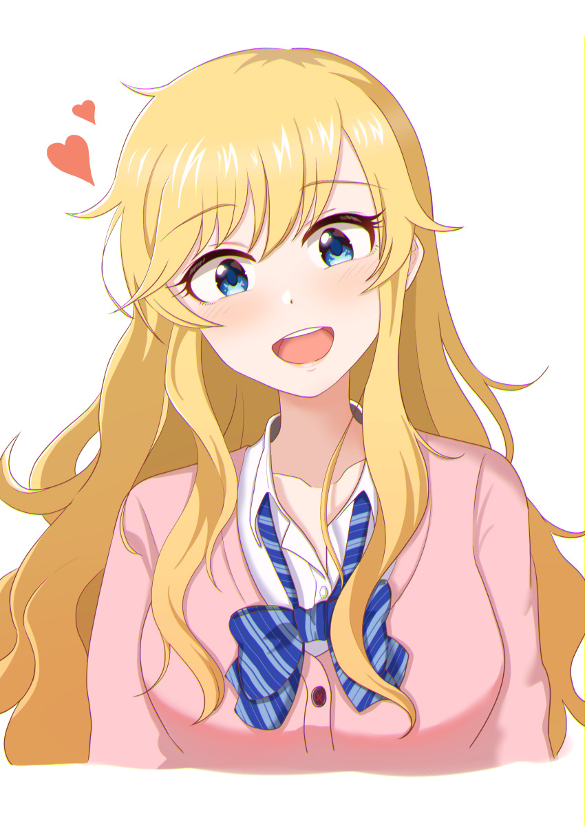 absurdres blonde_hair blue_bow blue_eyes blush bow breasts collarbone commentary_request female heart highres idolmaster idolmaster_cinderella_girls idolmaster_cinderella_girls_starlight_stage jacket large_breasts long_hair looking_at_viewer ohtsuki_yui open_mouth pink_jacket rrtp shirt simple_background smile solo teeth upper_body upper_teeth_only wavy_hair white_background white_shirt