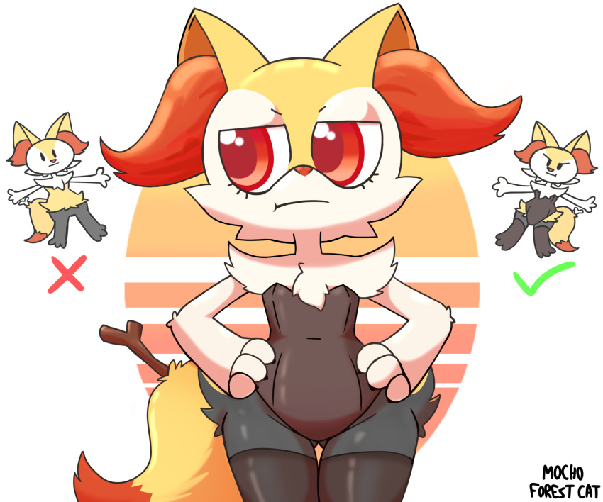 6:5 anthro black_clothing black_legwear braixen canid canine check_mark clothed clothing dipstick_tail female feral frown fur generation_6_pokemon hands_on_hips hi_res legwear looking_aside mammal markings mocho4266 nintendo orange_body orange_fur pokemon pokemon_(species) red_eyes signature simple_background solo stick stick_in_tail tail tail_markings thigh_highs white_background white_body white_fur yellow_body yellow_fur