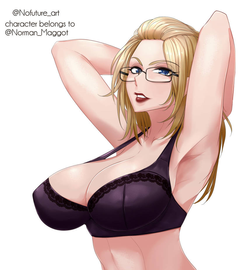 armpits arms_behind_head arms_up bangs_pinned_back black-framed_eyewear blonde_hair blue_eyes borrowed_character bra breasts cleavage female folded_hair glasses hair_pulled_back highres inne_sulistya_robin large_breasts lingerie mature_female nofuture office_lady original parted_lips red_lips solo stomach underwear