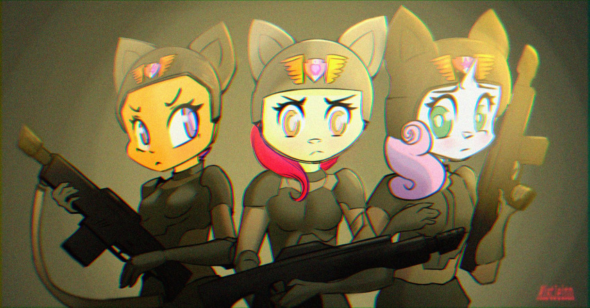 2022 anthro anthrofied apple_bloom_(mlp) armor assault_rifle astra_militarum blurred_foreground body_armor boob_armor breasts clothed clothing cosplay crossover crossover_cosplay cutie_mark_crusaders_(mlp) digital_media_(artwork) equid equine female friendship_is_magic green_eyes group gun hair hasbro headgear helmet hi_res holding_gun holding_object holding_ranged_weapon holding_rifle holding_weapon horn imperial_guard mammal meme mistleinn multicolored_hair my_little_pony mythological_creature mythological_equine mythology orange_eyes pink_hair purple_eyes purple_hair ranged_weapon red_hair rifle scootaloo_(mlp) signature simple_background small_breasts sweetie_belle_(mlp) trio two_tone_hair unicorn warhammer_(franchise) warhammer_40000 weapon