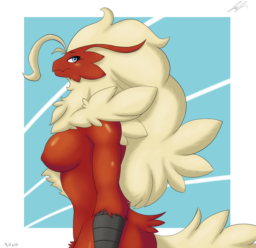 2019 abstract_background absurd_res avian bangs big_breasts bird blaziken blue_eyes breasts chest_tuft female fluffy fur generation_3_pokemon hair hi_res jeffthehusky long_hair nintendo nipples non-mammal_breasts non-mammal_nipples pokemon pokemon_(species) pubes red_body red_fur shaded side_view smile solo standing thick_thighs tuft