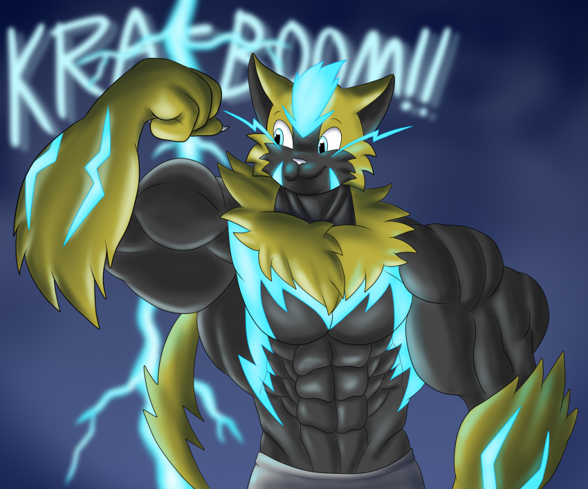 anthro avoid_posting electricity felid feline flameydragwasp flexing generation_7_pokemon glowing glowing_markings hi_res kintaro_the_zeraora legendary_pokemon lightning male mammal markings muscular muscular_anthro muscular_male nintendo pokemon pokemon_(species) thunder zeraora