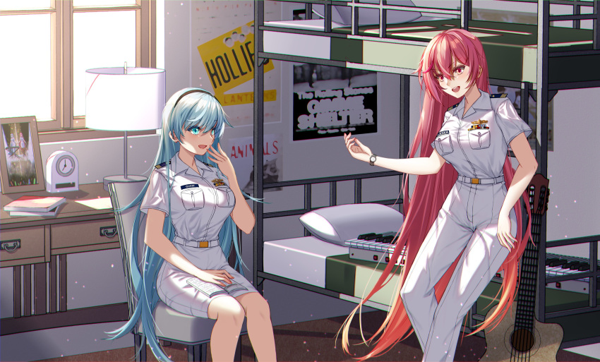 2girls absurdres alaska_(warship_girls_r) alternate_costume bed belt blue_eyes blue_hair book breast_pocket breasts bunk_bed chair clock commentary_request guam_(warship_girls_r) guitar highres indoors instrument keyboard_(instrument) ladder large_breasts long_hair military military_uniform multiple_girls name_tag naval_uniform pants photo_(object) pocket poster_(object) red_eyes red_hair room ryuuzouji_usagi shirt short_sleeves sitting skirt standing table uniform very_long_hair warship_girls_r watch white_belt white_pants white_shirt white_skirt wristwatch