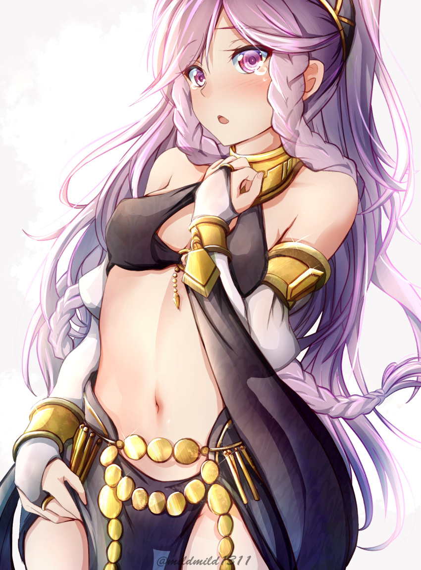 alternate_costume bare_shoulders blush braid breasts bridal_gauntlets clear_glass_(mildmild1311) cowboy_shot crying crying_with_eyes_open dancer female fire_emblem fire_emblem_awakening fire_emblem_heroes hairband high_ponytail highres medium_breasts midriff navel official_alternate_costume olivia_(fire_emblem) olivia_(performing_arts)_(fire_emblem) pelvic_curtain pink_eyes pink_hair simple_background solo tears twin_braids twitter_username white_background