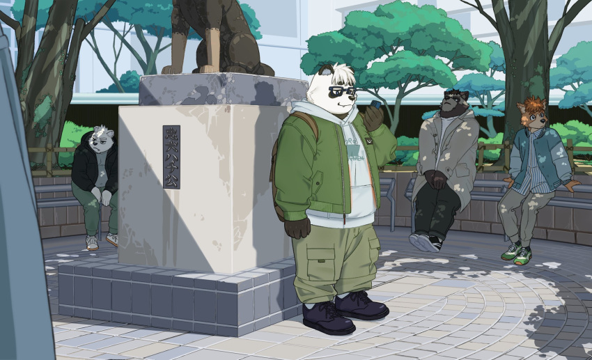 2022 anthro bear bottomwear canid canine canis clothing detailed_background domestic_dog eyewear giant_panda glasses group hi_res hoodie kemoniku120 kemono male mammal outside overweight overweight_male pants plant raccoon_dog sasayama_akira sweater tanuki topwear tree vtuber white_body