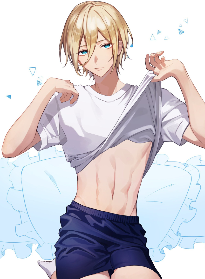 1boy 55mot0 bishounen black_shorts blonde_hair blue_eyes closed_mouth clothes_lift commentary_request ensemble_stars! expressionless eyelashes frilled_pillow frills hair_between_eyes hands_up highres lifting_own_clothes looking_at_viewer loungewear male_focus navel pillow seiza shirt shirt_lift short_hair short_sleeves shorts sidelocks sitting socks solo stomach t-shirt tenshouin_eichi white_shirt white_socks