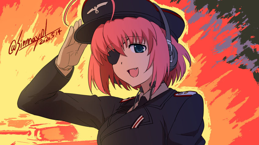 ahoge bauer black_hat black_jacket black_necktie blue_eyes borrowed_character commentary dated dress_shirt epaulettes eyepatch female fire gloves hat highres jacket looking_at_viewer military military_hat military_uniform military_vehicle motor_vehicle necktie oerba_yun_fang open_mouth original panther_(tank) peaked_cap pink_hair salute shinmai_(kyata) shirt short_hair smile solo tank throat_microphone twitter_username uniform white_gloves white_shirt wing_collar